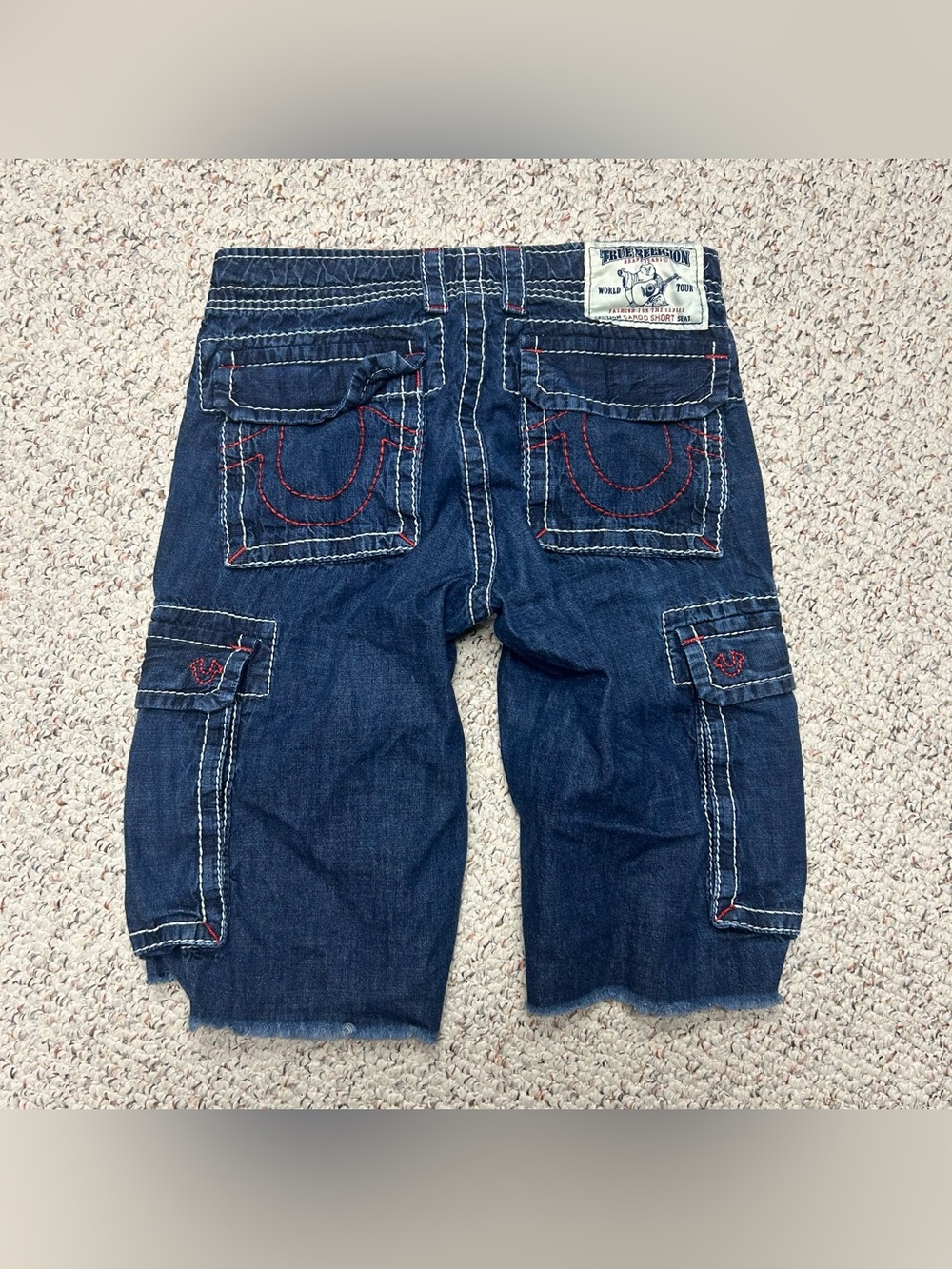 True Religion Natural Big T Cargo Shorts Men's Sz29x13 Denim Cut Off Drawstring